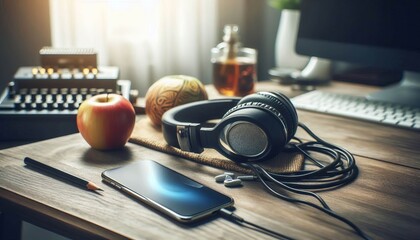 A set of headphones resting on a desk implying listening and imm