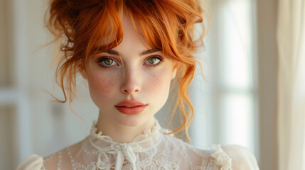 Young red-haired woman with freckles and curly updo wearing a delicate white lace blouse, looking directly with soft intensity in a bright indoor setting
