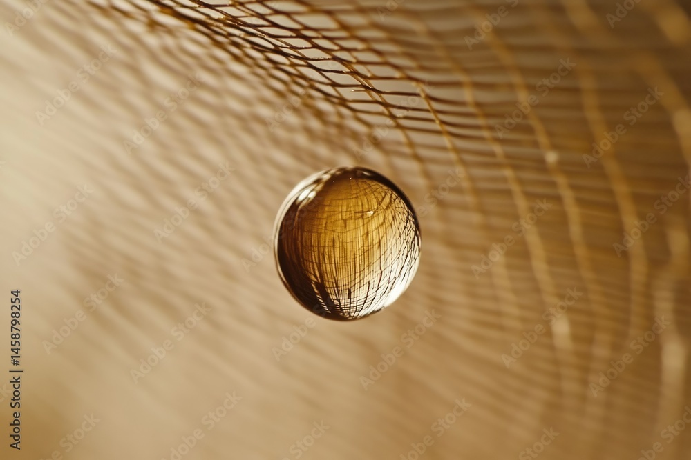 Poster a golden sphere hangs delicately from a woven mesh, reflecting light and creating a captivating imag