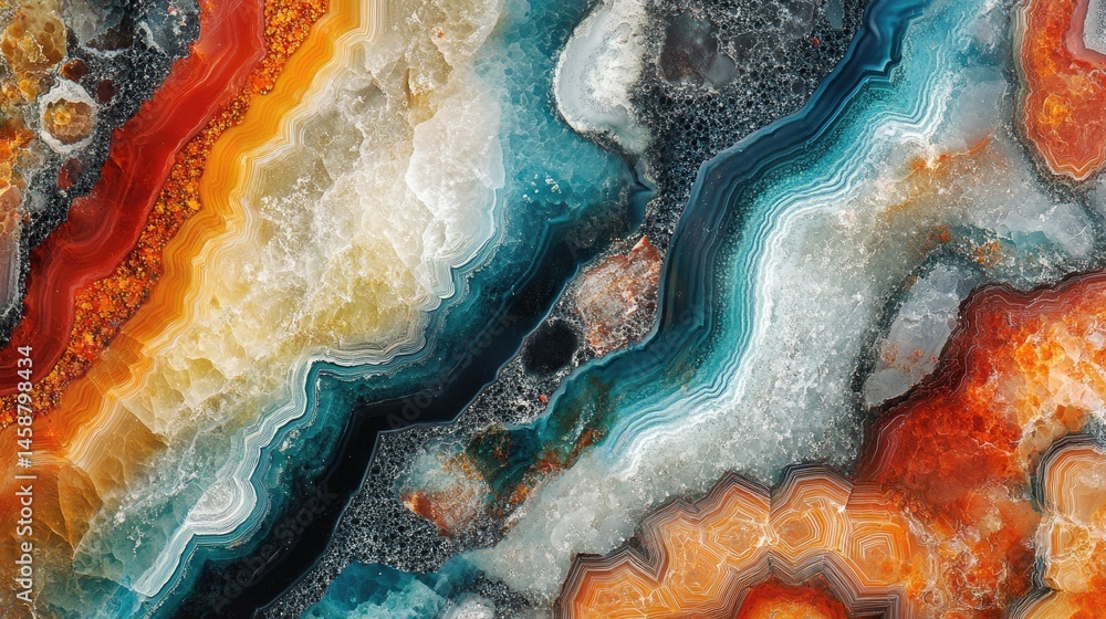 Poster abstract aerial view of a colorful geological formation displaying intricate patterns and textures. 