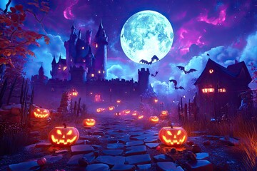 A spooky Halloween scene featuring a haunted castle illuminated by a full moon. surrounded by glowing jack-o'-lanterns on a winding path. creating an eerie atmosphere