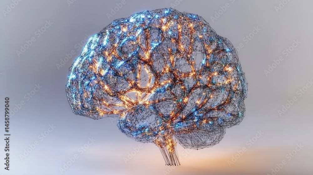 Poster 3d wireframe model of a human brain, with neural connections illuminated to show the complex structu