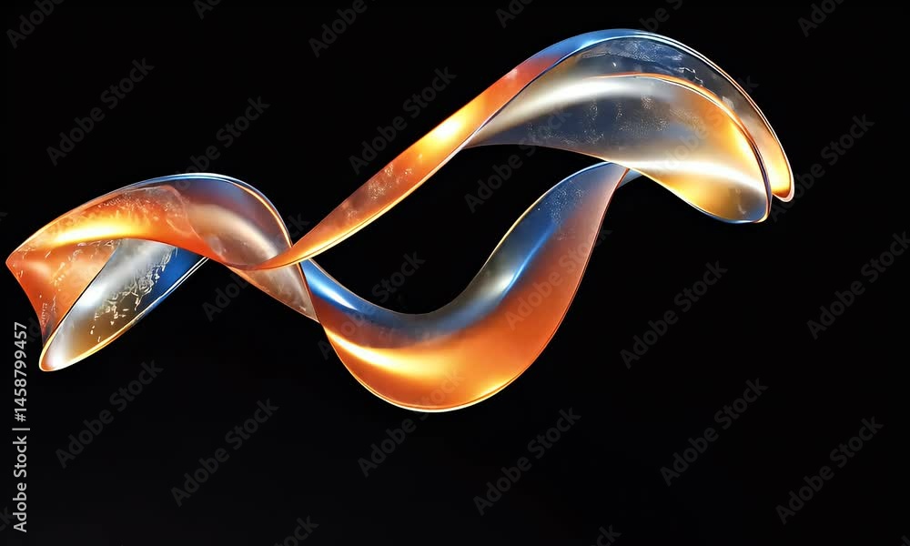 Poster 3d render, abstract fluid glass background with a colorful twisted ribbon in motion on a dark blue a