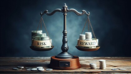 Balanced Scale with Risk and Reward A classic balanced scale wit