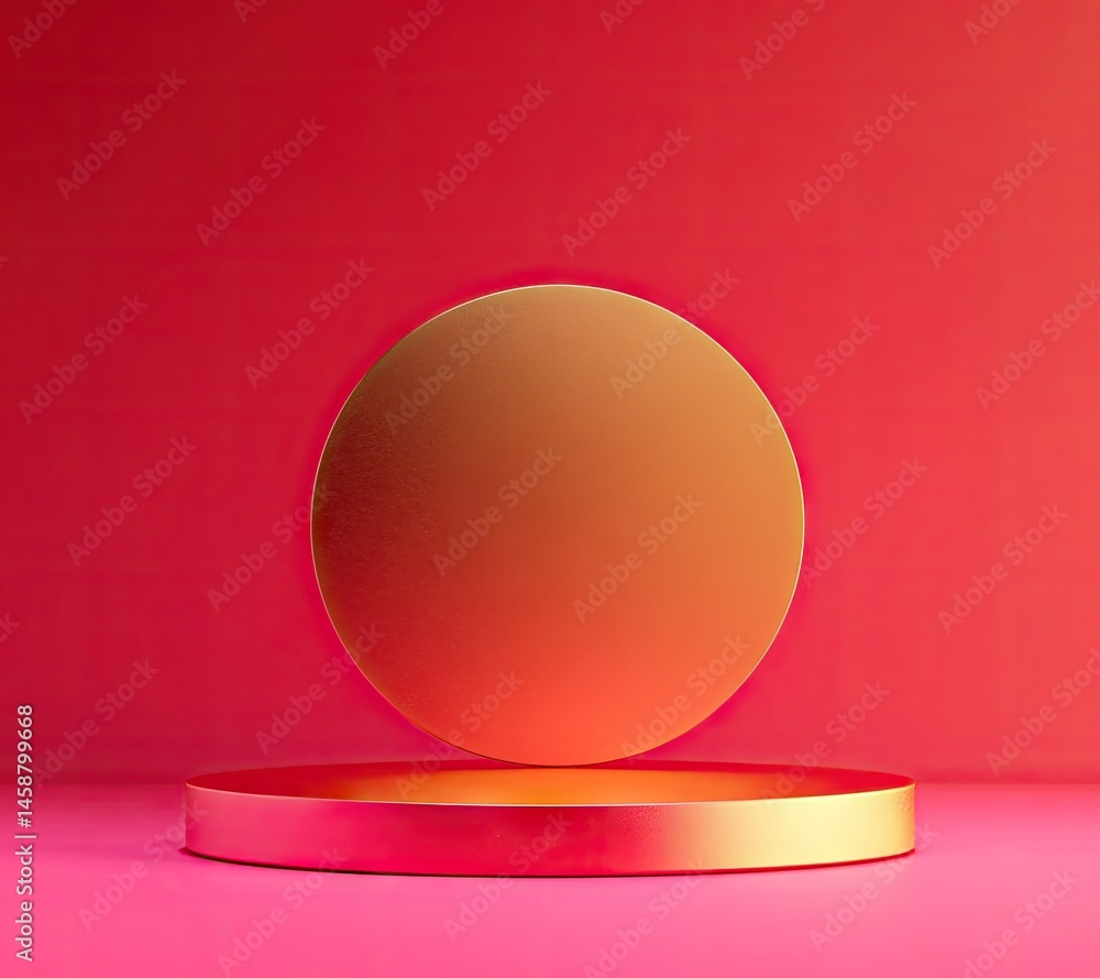 Poster a minimalist composition featuring a circular display platform against a gradient orange background.