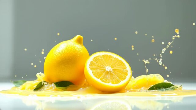 Two ripe pineapples splashing in fresh mango juice with tropical background