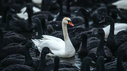 Fototapeta premium One White Swan Among a Flock of Black Swans