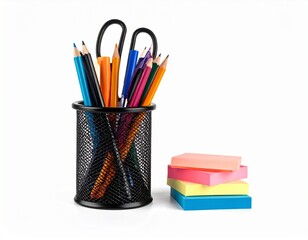 Fototapeta premium Desk organizer with pencils & pens and stack of colorful sticky notes on a white background