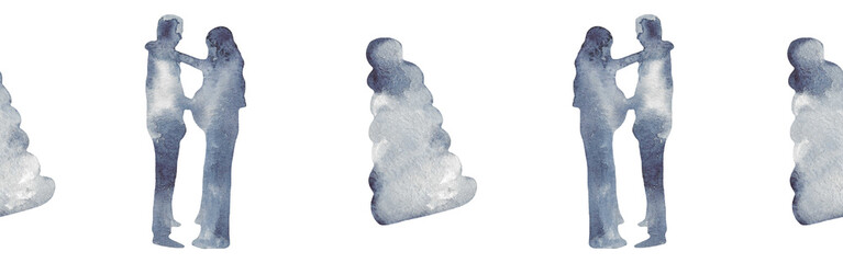 Watercolor border with silhouettes of a family and a toy..Brush strokes in the form of blue silhouettes of bear.Silhouette of toy on white background.