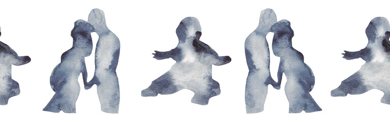 Watercolor border with silhouettes of family and a baby.Brush strokes in the form of blue silhouettes of bear.Silhouette of toy on white background.