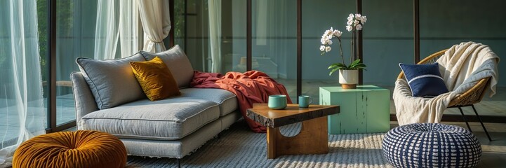 Generative AI, Bohemian Living Room with Mustard Velvet Accent