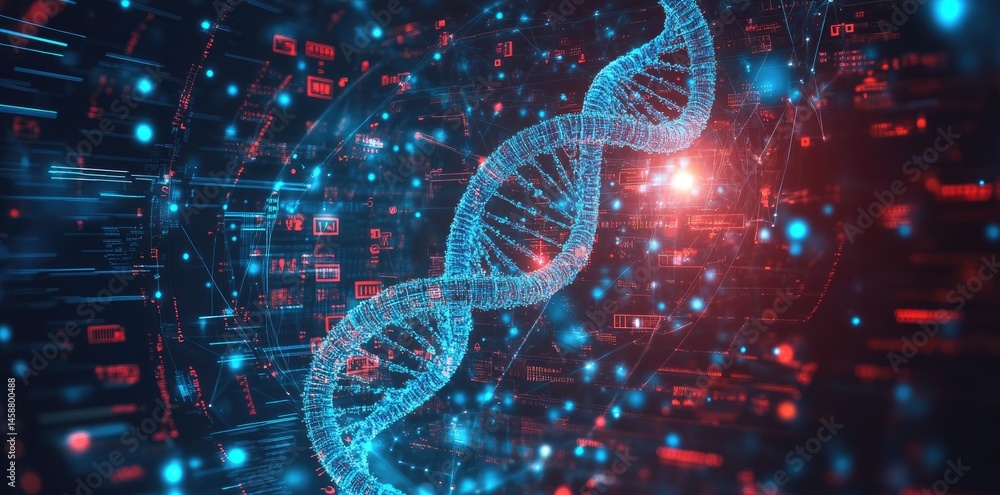 Poster a vibrant 3d rendering of a dna double helix illuminated in red. set against a backdrop of digital d