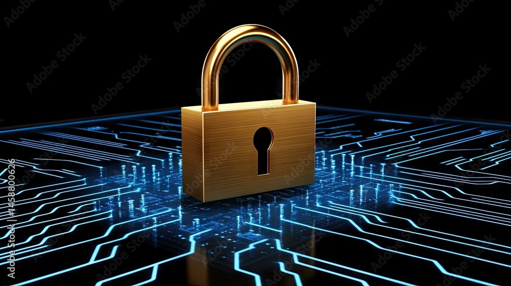 Poster a close-up view of a gold padlock resting on a detailed circuit board. symbolizing cybersecurity and