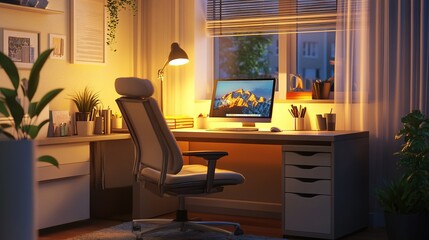 A cozy home office with soft lighting, an ergonomic chair, and a laptop open on a tidy desk.