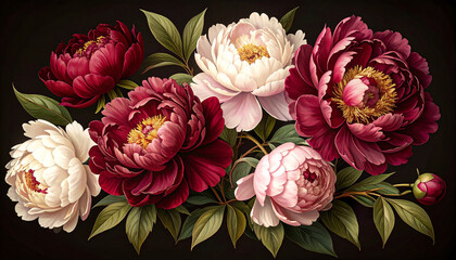 Ilustracja vintage, czerwone Piwonie na czarnym tle. Generative AI