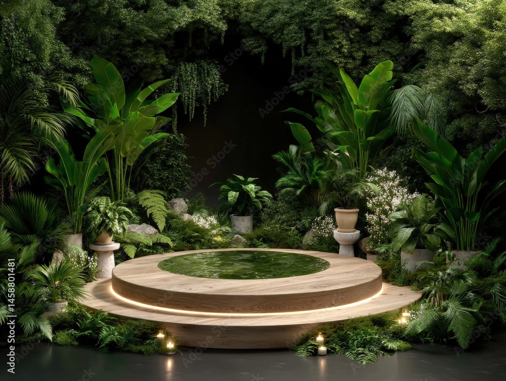 Poster a round wooden platform with a small pool is surrounded by lush tropical greenery and soft lighting,