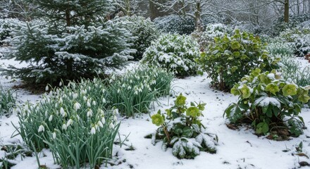 Snow Covered Winter Garden with White Flowers and Green Plants