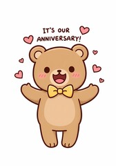 Obraz premium Charming anniversary greeting featuring a joyful teddy bear adorned with hearts, radiating love and celebration with simple and heartwarming design