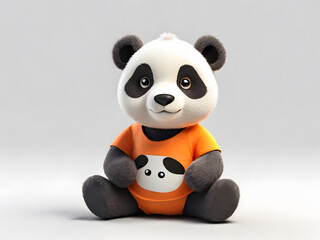 Naklejka premium A cute cartoon panda wearing an orange t-shirt with a panda face sits on a light grey surface.