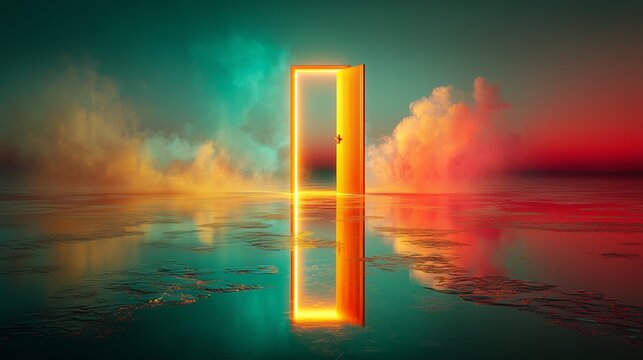 A glowing door opens to a surreal, colorful landscape over water. Glowing doorway symbolism.