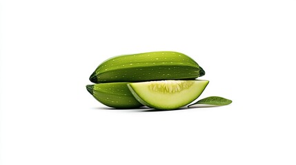 Fresh green melon halves on a white background.