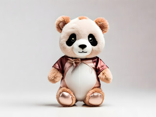 Seated plush panda bear toy wearing a maroon shirt with a bow against a soft background.