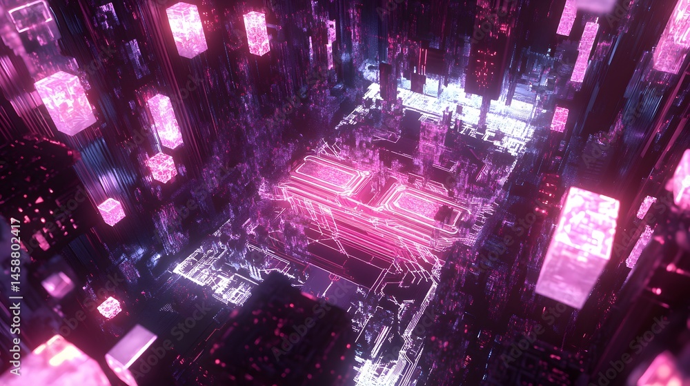 Poster digital network structure with glowing crystals.