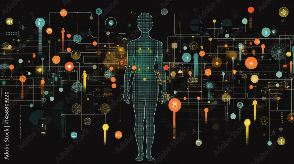 Poster human body energy flow visualization with connected points and abstract lines on black background