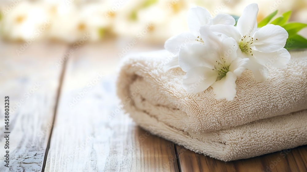 Poster spa serenity: two delicate white blossoms rest atop a plush, beige towel, set against a softly blurr