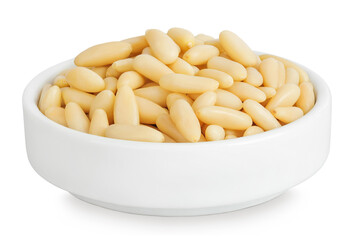 Shelled European pine nuts in ceramic bowl isolated on white background with full depth of field