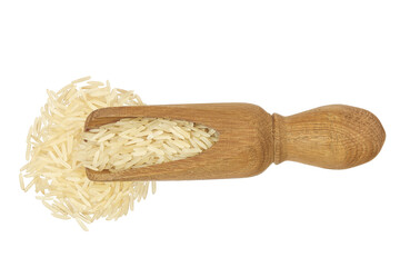 rice basmati in a wooden scoop isolated on white background. Top view. Flat lay