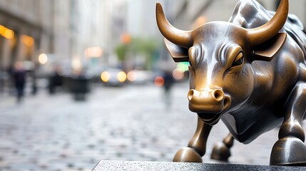 Plakat Close-up view of the Charging Bull statue in New York City, a bronze sculpture symbolizing financial optimism and market strength, set against a blurred city street background. : Generative AI