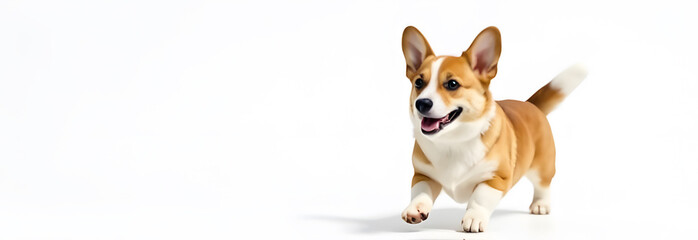 An adorable Pembroke Welsh Corgi dashes enthusiastically across a pristine white studio backdrop, its short legs propelling its muscular body in full stride. This dynamic action shot captures the