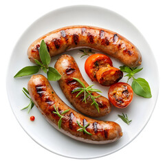 Delicious Grilled Sausages with Roasted Tomatoes: A Summer BBQ Recipe on white background