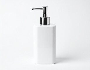White rectangular bottle. Shiny metal pump. Bright, minimal, clean background. Shadow below