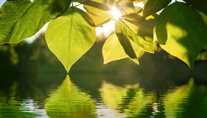 Sunlit Leaves & Reflections: The sun's radiant rays stream through lush, green leaves, casting a vibrant glow and creating a captivating reflection in the serene water below.