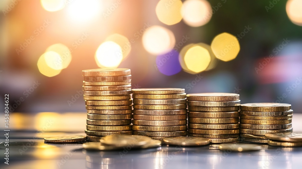 Aufkleber Ascending stacks of gold coins represent financial growth and wealth accumulation, set against a bokeh background of warm, inviting lights. : Generative AI