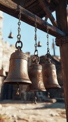Obraz premium Rustic bronze bells hanging from wooden beams
