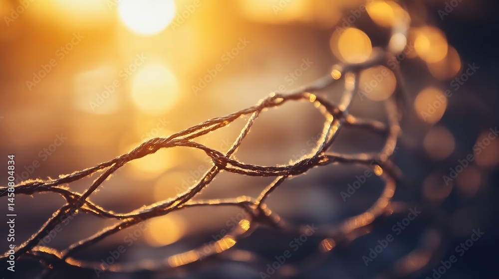 Aufkleber Close-up of a knotted rope net at sunset, golden hour light illuminating the intricate texture and weaving of the fibers, creating a warm and atmospheric image. : Generative AI
