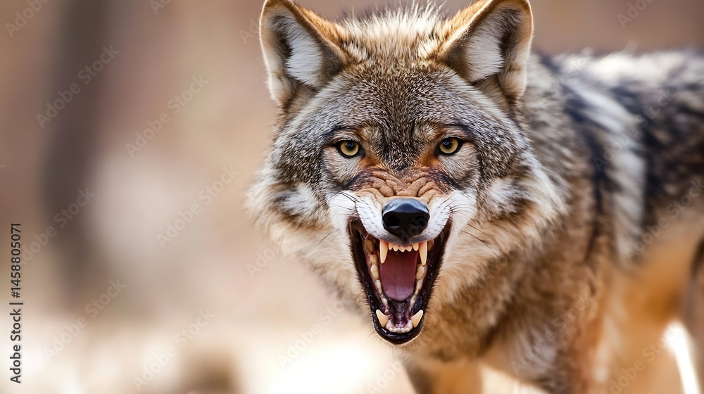 Poster close-up portrait of a snarling coyote, its teeth bared in a fierce expression, set against a blurre