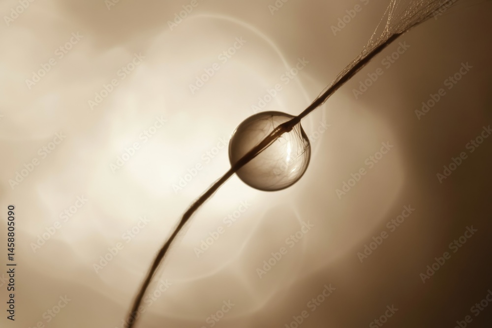Poster a single dewdrop clings to a slender stem, backlit by soft light, creating a serene and delicate ima