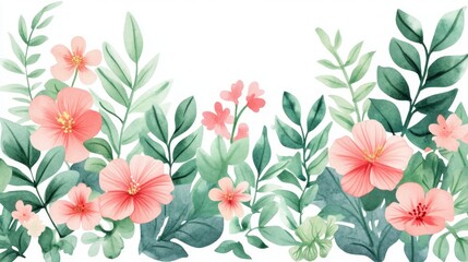 Fototapeta premium Watercolor pink flowers and green leaves botanical illustration