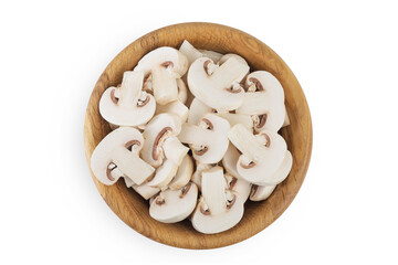 Fresh mushroom champignon slices in a wooden bowl isolated on white background. Top view. Flat lay