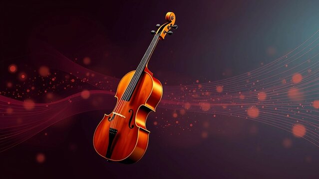 Realistisches Cello vor dunklem, abstraktem Hintergrund mit Musiklinien und Lichtpunkten &ndash; elegant, musikalisch und modern inszeniert.