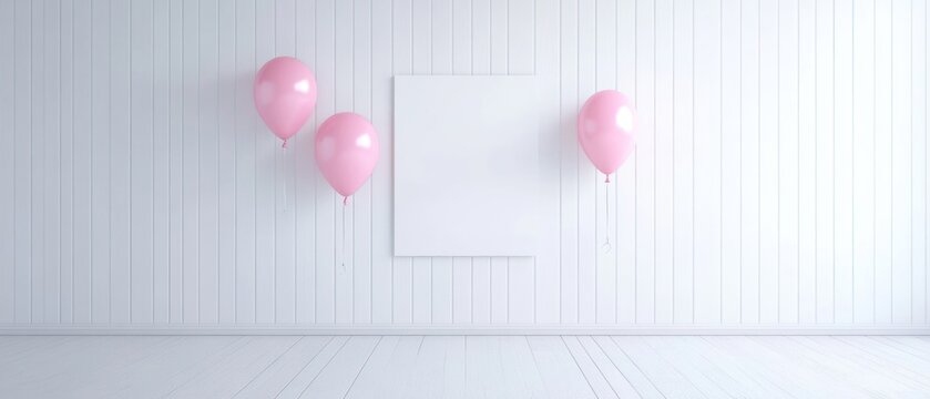 Pink balloons and blank canvas on white wall