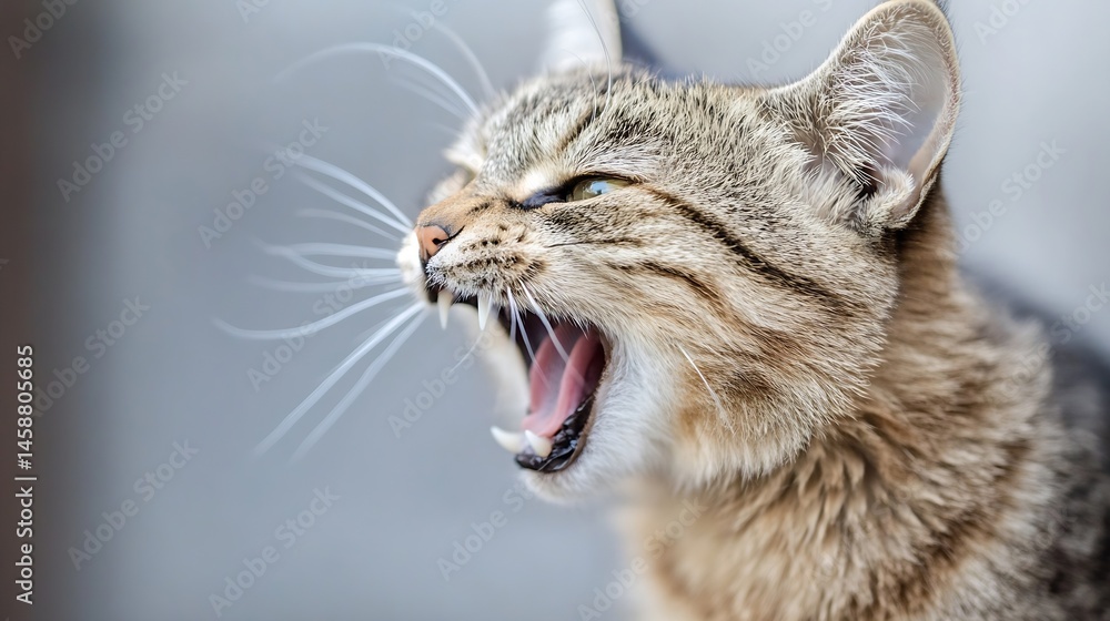 Poster close-up of a tabby cat with its mouth open, showing teeth and pink tongue. the cat's fur is predomi