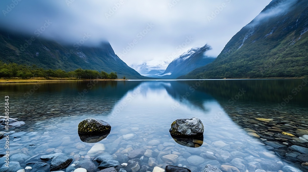 Poster serene mountain lake reflecting misty peaks, two smooth rocks partially submerged in crystal clear w
