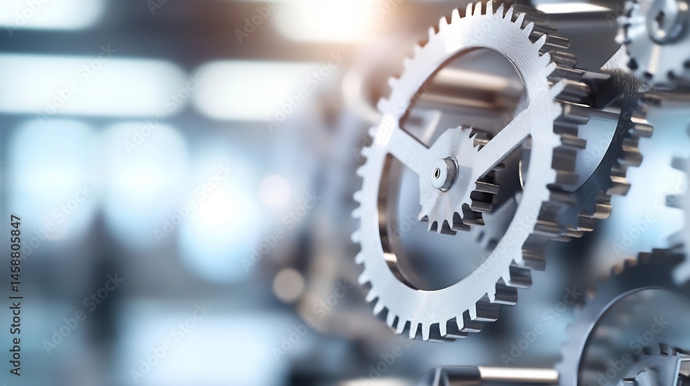 Poster Close-up of interlocking metal gears, showcasing intricate detail and precision engineering.  The image suggests themes of industry, mechanics, and complex systems. : Generative AI