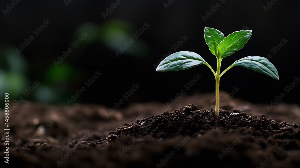 Poster a small green seedling emerges from dark soil, its leaves reaching towards a light source, symbolizi