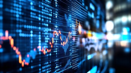 Abstract digital data visualization showing global network connections and financial market trends with glowing blue and orange elements on a dark background. : Generative AI